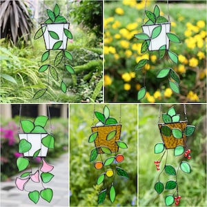Plant suncatcher,Hanging window stained glass art,Green Leaf Stained Glass Art, Home decor,Hanging Plants Garden Decor,Gift for Mom