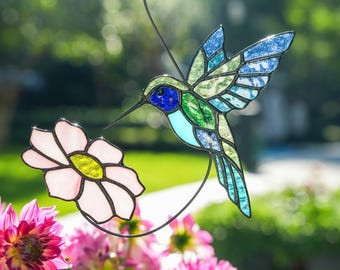 Stained Glass Hummingbird Window Hanging,Hummingbird Suncatcher with Flower, Garden Decor,Gift For Mom
