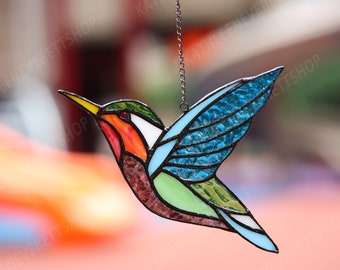 Atrapasueños de colibrí de vidrieras artesanales, vibrante decoración para ventanas