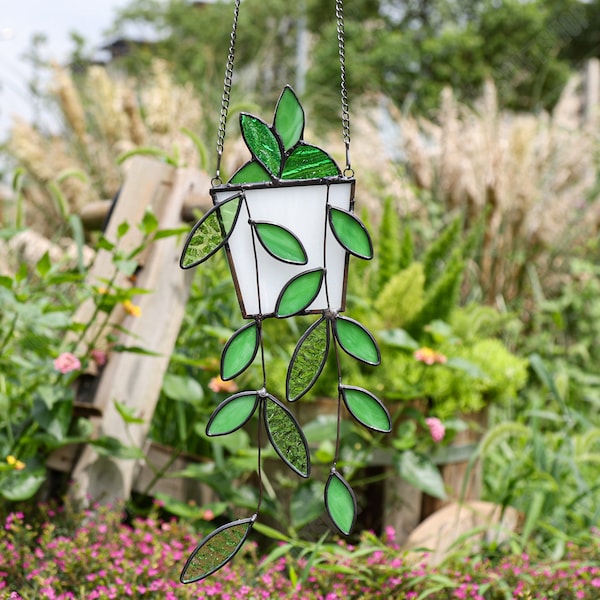 Handmade Hanging Plants Garden Decor,Plant suncatcher,Hanging window stained glass art,Green Leaf Stained Glass Art,Home decor,Gift for Mom
