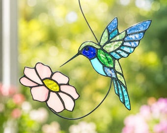 Handmade Stained Glass Hummingbird Suncatcher, Flower Window Hanging, Garden Gifts Decor