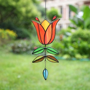 Handmade Stained Glass Tulip Suncatcher, Everlasting Flower Window Decor, Garden Art