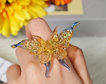 Handmade Glass Butterfly Ring, Floral Statement Jewelry, Colorful Artisan Piece