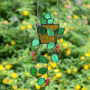 Potted Plant Stained Glass Hanging suncatcher, Handmade Stained Glass Art Window Decor, Glass Decor, Plant Ornament,Home decor,Gift for Her
