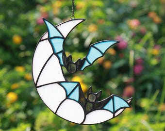 Stained Glass Bat Moon Suncatcher, Gothic Window Hanging Art