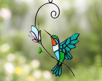 Handgefertigter Sonnenfänger aus Buntglas mit Kolibri-Motiv, Vogel-Fensterdekoration