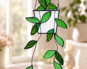 Stained Glass Plant Suncatcher, Green Leaves, Window Hanging