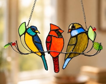 Handmade Stained Glass Three Birds Suncatcher, Window Hanging,Gift For Mom