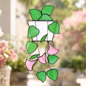 Stained Glass Plant Suncatcher, Green Leaf Hanging Art, Window Decor, Garden Gift