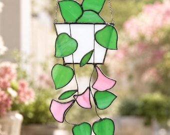 Stained Glass Plant Suncatcher, Green Leaf Hanging Art, Window Decor, Garden Gift
