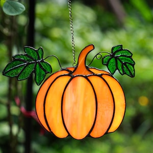 Halloween Stained Glass Pumpkin Suncatcher, 100% Handmade Hanging Window Decor, Halloween Decorations, Orange with Green Leaves,Gift for Her
