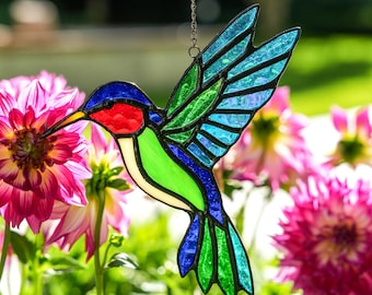 100% Handmade Stained Glass Hummingbird Suncatcher, Hummingbird Stained Glass Window Hanging, Mother's Day gift
