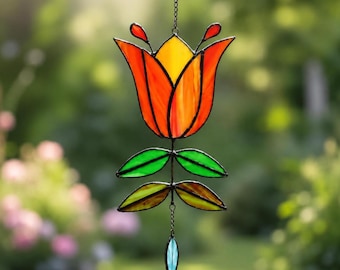 Handmade Stained Glass Tulip Suncatcher, Everlasting Flower Window Decor, Garden Art