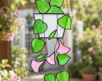 Stained Glass Plant Suncatcher, Green Leaf Window Hanging