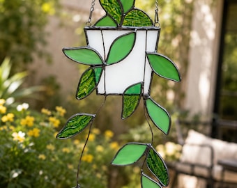 Stained Glass Hanging Plant Suncatcher, Green Leaf Window Art Home Decor