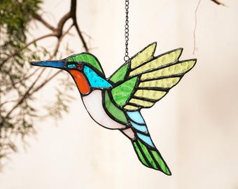 Handmade Stained Glass Hummingbird Suncatcher, Vibrant Window Decoration