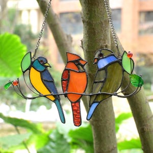 100% Handmade Stained Glass Three Birds, Glass Bird Suncatcher,Glass Window Hangings,Glass Art, Home Decor, Gift for Her, Housewarming Gift