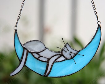Handmade Stained Glass Cat Window Hanging, Moon Decor, Glass Art Gift