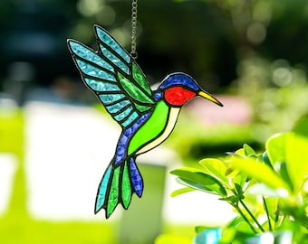 Hummingbird Stained Glass Window Hanging,100% Handmade Stained Glass Hummingbird Suncatcher,Memorial Gift for Christmas,Housewarming Gift