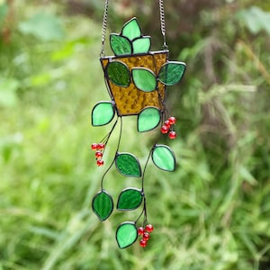 Stained Glass Window Hanging,Plant suncatcher Hanging window stained glass art,Green Leaf Stained Glass Art,Hanging Plant Art,Gift for Mom