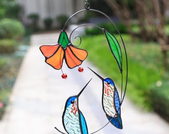 100% Handmade Hummingbird Stained Glass, Glass Hummingbird Whindow Hanging, Flower/Birds Suncathcer, Housewarming Gift,Mother's Day gift