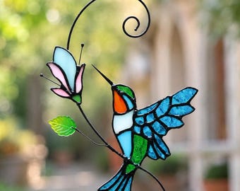 Stained Glass Hummingbird Suncatcher, Window Hanging Art, Garden Decor
