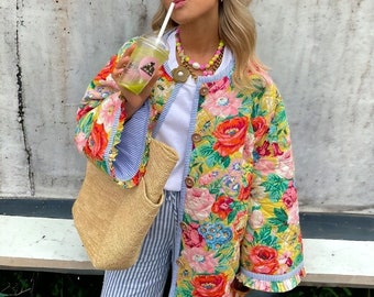 Manteaux matelassés à la main en patchwork de fleurs, nouveau style, vintage, bohème, veste matelassée à fleurs, printemps 2024, veste an 2000, cadeau fête des mères