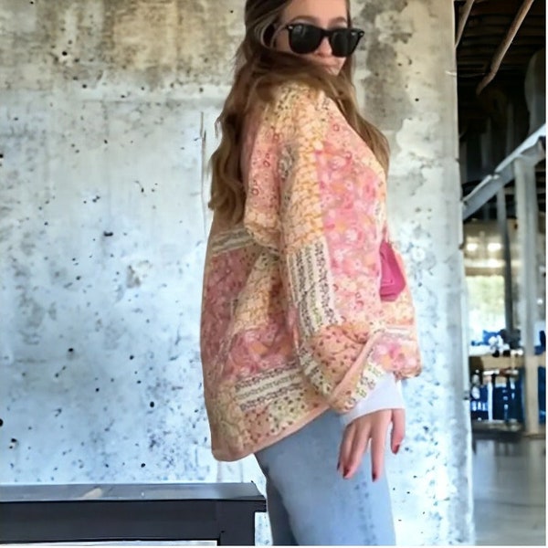 Pink Flower Quilted Jacket, Handmade Quilted Patchwork Jacket Coats, New Style, Vintage, Boho, 2024 Spring, Y2k Jacket, Mothers Day Gift