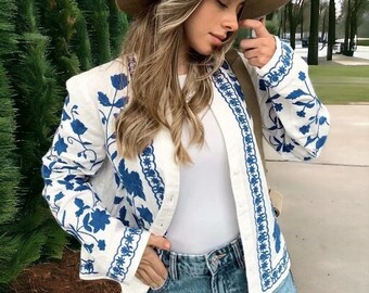 Giacca da donna ricamata, giacca estiva sottile in cotone, vintage, Boho, ricamo fiore/foglia, giacca Y2k, cappotto donna, abbigliamento donna, trendy