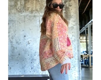 Pink Flower Quilted Jacket, Handmade Quilted Patchwork Jacket Coats, New Style, Vintage, Boho, 2024 Spring, Y2k Jacket, Mothers Day Gift