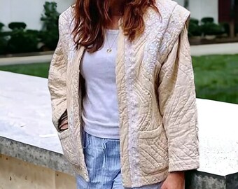 Handmade Quilted Beige/White Jacket, Patchwork Boho Jacket Coats, New Style, Vintage, Quilted Jacket, 2024 Spring, Y2k Jacket, Mothers Day