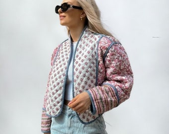 Chaqueta acolchada dos en uno, abrigos de chaqueta vintage patchwork, nuevo estilo, boho, chaqueta acolchada de flores, primavera 2024, chaqueta Y2k, regalo del Día de las Madres