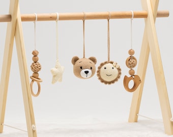 Baby Play Gym Activity Set, Handcrafted Wooden Toys with Crocheted Hanging Accessories