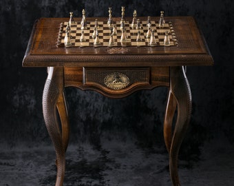 Handcrafted Wooden Chess Table with Drawer, Carved Legs, Classic Game Room Furniture