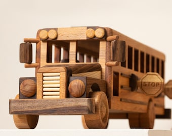 Wooden School Bus Toy, Handmade Heirloom Bus with Engraved Name, Kids Birthday Gift