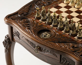 Wooden Chess Table - Lion / HANDMADE