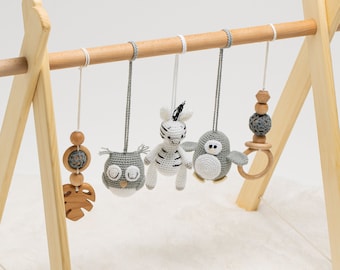 Handmade Wooden Baby Gym with Crocheted Toys - Personalized Letters
