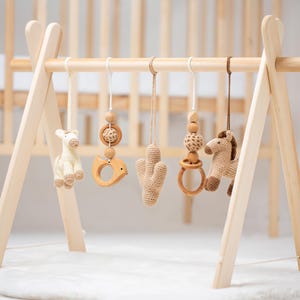 Handcrafted Wooden Kids Play Set with Crochet Hanging Features