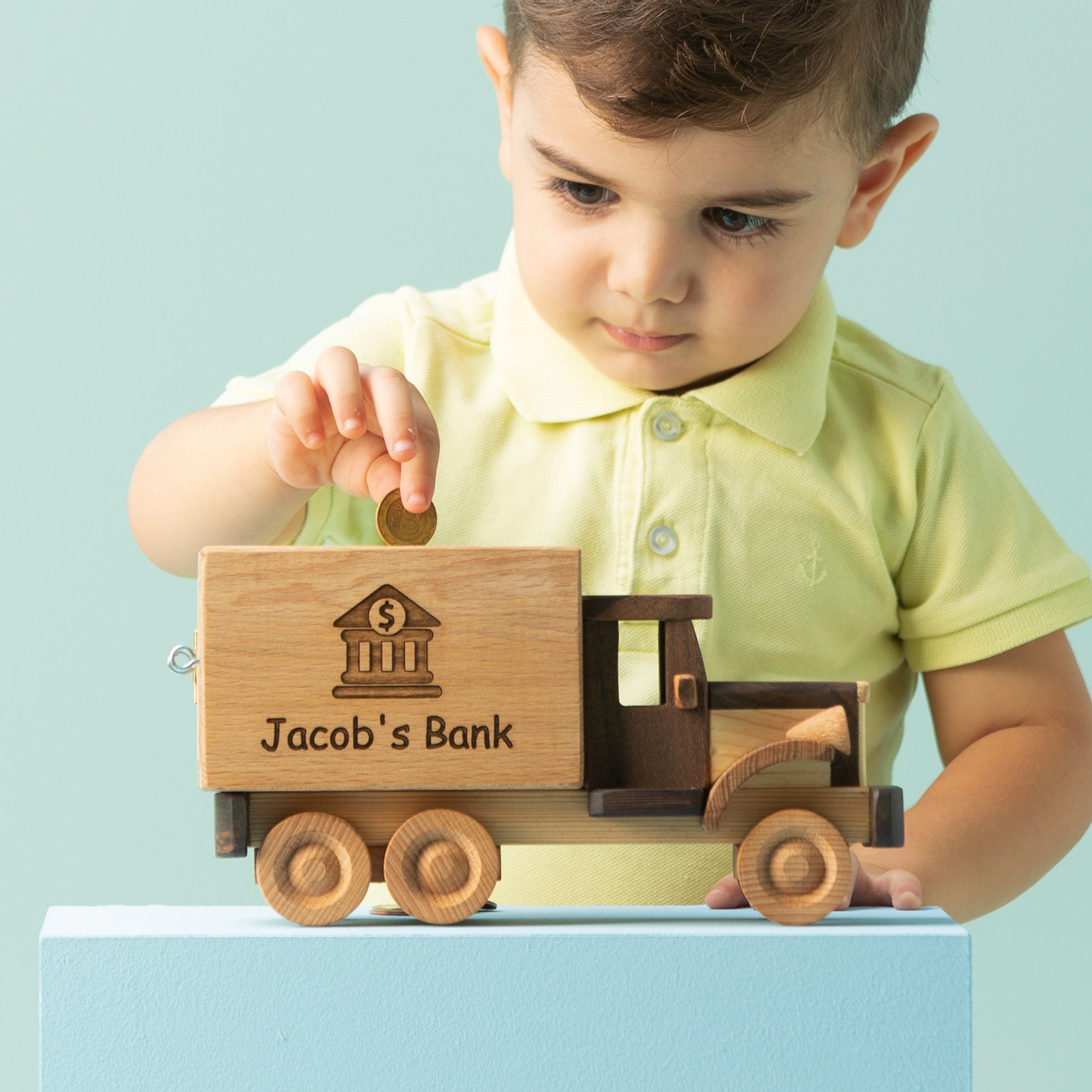 Piggy Bank Truck Toy / Wooden Toy / Personalized Gift / HANDMADE / Custom Engraving