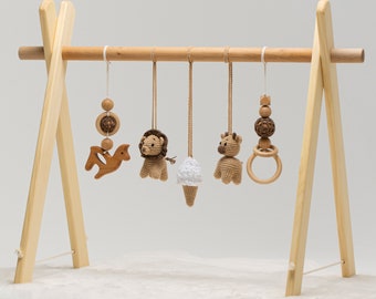 Wooden Baby Gym with Crocheted Toys, Handmade Play Gym with 5 Toys, Baby Shower Gift