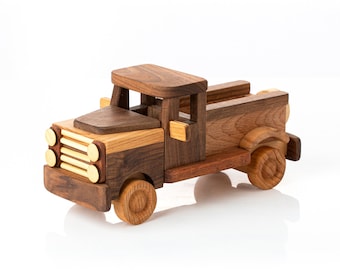 Wooden Toy Pickup Truck, Walnut Oil Finish, Personalized Baby Gift
