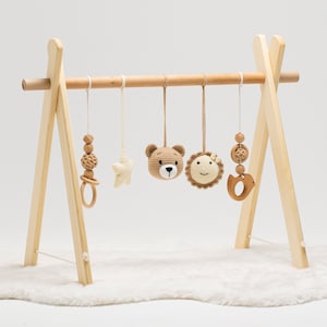 Baby Play Gym Activity Set, Handcrafted Wooden Toys with Crocheted Hanging Accessories