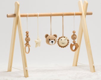 Baby Play Gym Activity Set, Handcrafted Wooden Toys with Crocheted Hanging Accessories