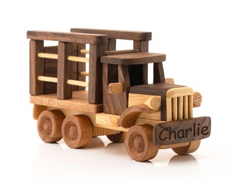 Personalized Wooden Truck Toy: Engraved Name, Walnut Oil Finish (8.2" x 4.3")