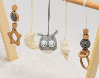 Owl Crocheted Baby Gym, Custom Baby Gym with Personalized Crocheted Letters, Handmade Wooden Play Gym