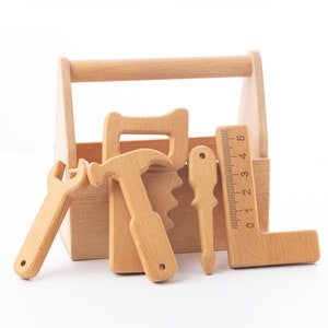Kit de herramientas de juguete de madera, conjunto de herramientas hecho a mano personalizado, kit de reparación de madera para juegos de simulación para niños pequeños, regalo educativo Montessori para niños