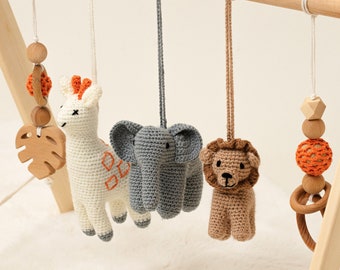 Safari Wooden Baby Gym / Handcrafted Eco Delight with Crocheted Hanging Toys