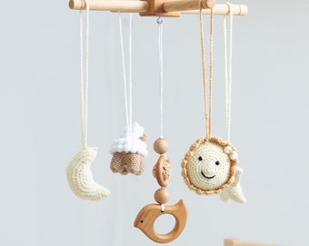 Handmade Wooden Baby Mobile: Crocheted Toys, Custom Nursery Decor