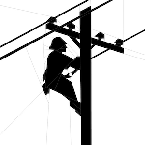May include: A black and white silhouette of a worker climbing a utility pole with power lines.