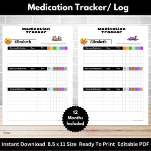 May include: Printable medication tracker log with a black and white design. The tracker has sections for morning, afternoon, and evening medication. It includes a space for the name "Elizabeth" and a section for the week number. The tracker is designed to be used for 12 months.